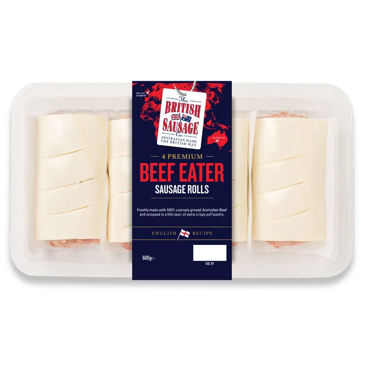 4 PREMIUM BEEF EATER SAUSAGE ROLLS &bull; BSC Blue 4 BEEF EATER SAUSAGE ROLLS 600gm Packsfor WEB