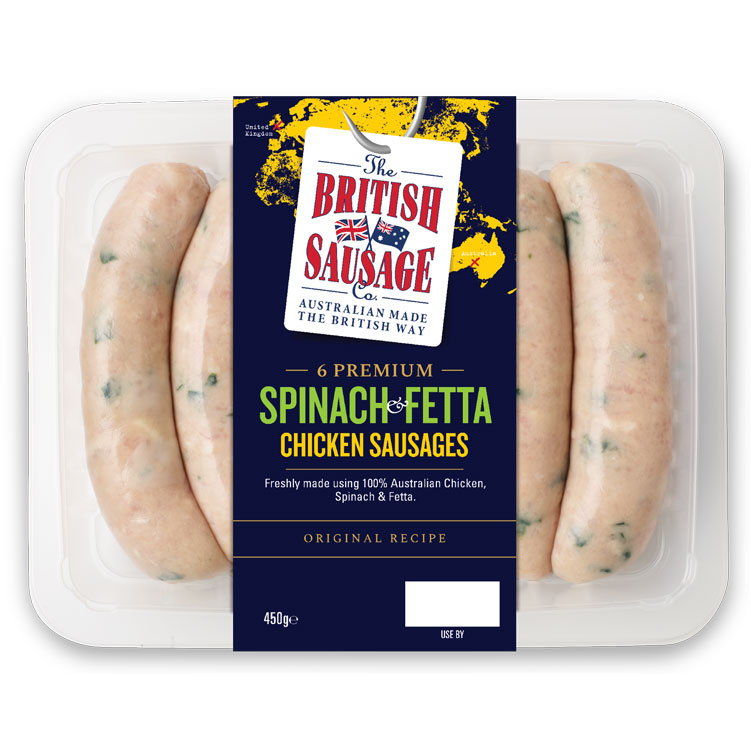 6 PREMIUM SPINACH & FETTA CHICKEN SAUSAGES • BSC Blue 6 Chicken Spinach Fetta Sausages 450g Packsfor WEB