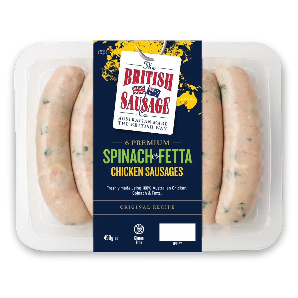 6 PREMIUM SPINACH & FETTA CHICKEN SAUSAGES &bull; BSC Spinach Fetta Chicken Sausages 450g WEB 751x751px rgb