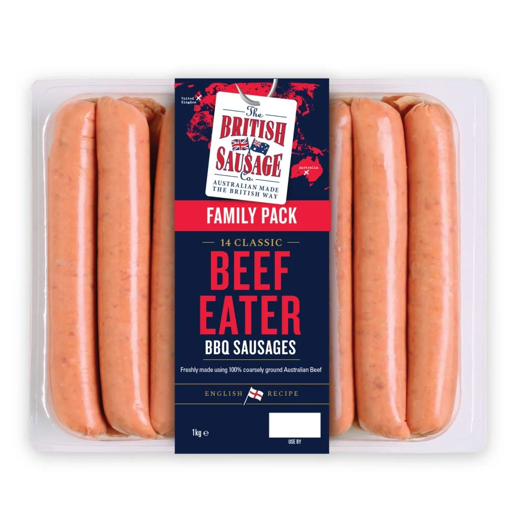 14 PREMIUM BEEF EATER BBQ SAUSAGES 1KG 'FAMILY PACK' &bull; BSC am 14pk Beef Eater BBQ Sausages 1kg WEB 751x751px rgb