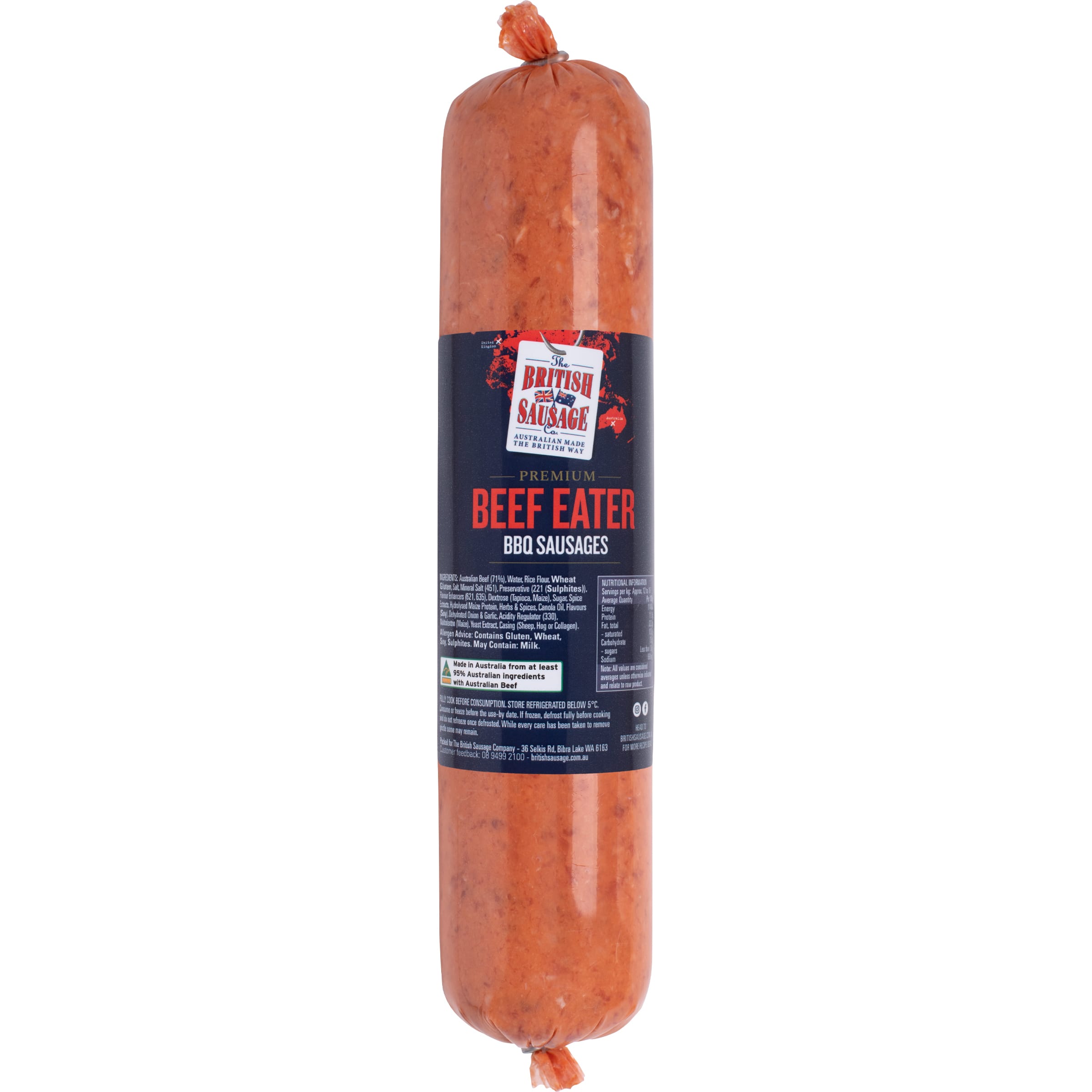 PREMIUM BEEF EATER BBQ SAUSAGES &bull; BSC GS1 Beef Eater BBQ Sausage Chub 2401x2401px 300dpi with path JAN 2026