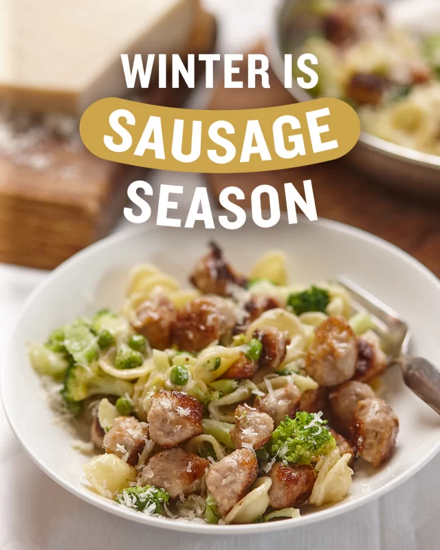 Winter is officially here, which means it's time for sausages (obviously). Try creating this delicious Sausage & Broccoli Orecchiette at home using our Cumberland Sausages.FULL RECIPE ⬇️INGREDIENTS
8 British Sausage Co. Thin Cumberland Sausages (casings removed and broken into bite size pieces)
350g orecchiette pasta
1 small head of broccoli, cut into small florets
1 cup frozen peas
2 gloves garlic, finely chopped
1 tbsp olive oil
½ cup grated Parmesan or Pecorino Cheese
½ tsp chilli flakes (optional, for a little heat)
Zest of 1 lemon (optional, for a little fresh zing)
Salt and pepper for seasoningMETHOD
1. Cook the Pasta: Bring a large pot of salted water to a boil. Add orecchiette and cook until al dente, approximately 8 to 10 mins (see directions on pack). Reserve ½ cup of pasta water before draining.
2. Blanch the Broccoli and Peas: In the last 3 minutes of pasta cooking, add in the broccoli florets and peas to the boiling water. Drain with the pasta and set aside.
3. Brown the Sausage pieces: Heat olive oil in a large frying pan over medium-high heat. Add the sausage pieces and cook until golden and cooked through, about 6–8 minutes.
4. Sauté Garlic & Combine: Add garlic (and chili flakes if using) to the pan and sauté for 1 minute. Return the pasta and veggies to the pan. Toss everything together, adding reserved pasta water and grated cheese to create a light sauce.
5. Finish & Serve Season with salt, pepper, and lemon zest if using. Serve with more grated cheese and chilli flakes…if you like a little heat!#winterfood #sausagepasta #winterrecipeideas #pastarecipe #cumberland