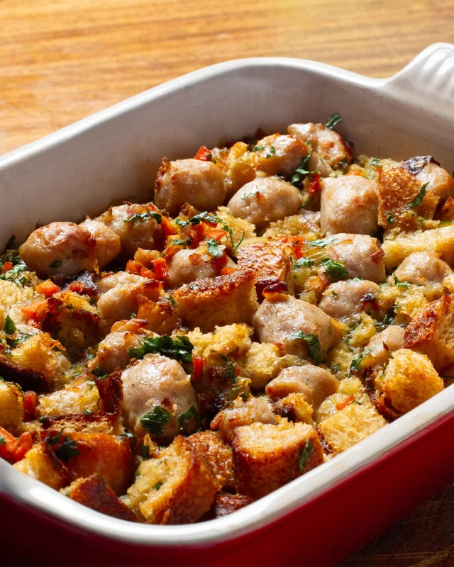 How about some tasty sausage stuffing to warm up during the winter?FULL RECIPE ⬇️INGREDIENTS
8 British Sausage Co. Pork Sausages, remove casing and break into little bite size pieces.
1 onion, diced
1 garlic clove, crushed
1 large carrot, diced
1 stick of celery, diced
½ loaf or four slices of sourdough bread
1 teaspoon sage, chopped
1 tablespoon parsley, chopped
1 tablespoon of butter
1 ½ cups of chicken stock
1 egg
Salt, pepperMETHOD
1. Preheat oven to 180°C.
2. Chop bread into 1-2cm pieces and toast in oven for 15 minutes.
3. Melt the butter in a large fry pan and add the onion, garlic and celery. Stir and cook for until soften.
4. Add the sausage pieces into the pan and cook for 5 minutes until they become golden.
5. Add sage and parsley. Stir and cook for another minute then transfer to bowl with toasted bread.
6. In a separate bowl, whisk egg and chicken stock then pour over bread mixture.
7. Add salt and pepper and toss until bread soaks up liquid.
8. Bake stuffing in 180°C oven with foil on top for 30 minutes.
9. Remove foil and bake for a further 15 minutes.#sausagestuffing #winterrecipes #cosyfoods #winternights #britishsausagecompany