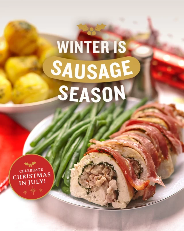 The best way to upgrade your Christmas in July feast? Sausage stuffing of course! Check out our full recipe below ⬇️INGREDIENTS
For Meat & Stuffing:
1 large chicken or turkey breast butterflied and flattened (ask your butcher or see method for how to)
3 British Sausage Co. Thick Cumberland or Thick Pork Sausage (casings removed)
2 rashers British Smoked Streaky Bacon, diced
1 small brown onion (finely diced)
1 or 2 leaves of cavolo nero, stem removed (or spinach leaves)
1 tsp fresh thyme, finely chopped (or ½ tsp dried)
Salt and pepper, to taste
Olive oil or butter, for fryingTo Wrap & Roast:
4 to 6 rashers British Smoked Streaky Bacon (enough to cover the roll)
Butcher’s twine or toothpicks (optional)
Olive oil or melted butter, for brushingMETHOD
1. Make the Stuffing: Heat a drizzle of olive oil or butter in a frying pan over a low to medium heat. Add finely diced onion and gently cook for 5 minutes or until translucent. Increase the pan to medium heat and add the thyme, diced bacon and sausages (breaking up the sausage filling with a wooden spoon) and sauté until all ingredients are golden (5–6 mins). Remove from heat and let cool.2. Stuff and Roll: Lay the prepared flattened butterflied breast on a board. Place a cavolo nero leaf or spinach leaves over most of the chicken breast, leaving 3cms uncovered along the longest side of the flattened breast.  Then spread the stuffing mixture down the centre of the meat. Carefully roll the breast over stuffing, tucking in as you go to form a neat log. Tie or use toothpicks to secure log.3. Wrap in Bacon: Place the stuffed roll seam side down in the roasting pan and lay the bacon slices over the roll, tucking under and secure with toothpicks.4. Roast: Preheat oven to 180°C (160°C fan). Brush the roll with olive oil or melted butter and roast for 35 to 45, or until the internal temperature reaches 75°C and the bacon is golden and crisp. If needed, finish under the grill for 2–3 minutes to crisp the bacon further. Rest for 10 minutes before slicing.5. To serve, slice into thick rounds and serve with roast veggies, greens and gravy.#winterfood #christmasinjuly #winterrecipeideas #xmasinjuly #christmasfood