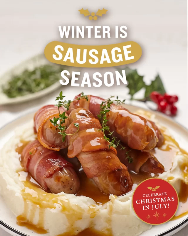 You can't celebrate Christmas in July without some hearty pigs in a blanket made with our Thick Cumberland Sausages. Just another reminder that Winter really is Sausage Season 🔥#comfortfoods #winterrecipes #homecooking #dinnerideas #britishfood