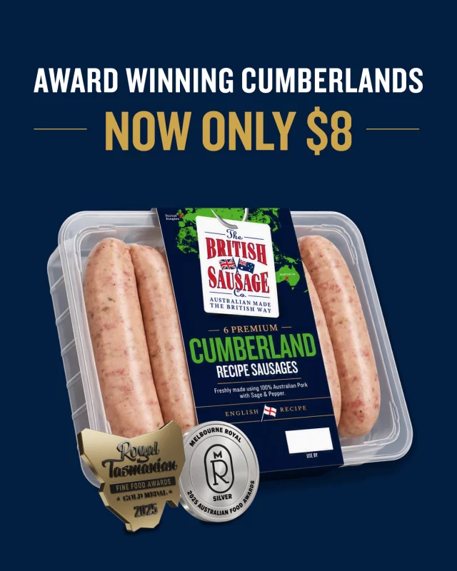 ATTENTION CUMBERLAND FANS 🚨 Your favourite Cumberland Sausages are on special this week nationally at Coles and in WA at Woolworths for only $8. Made using our traditional British recipe from a third generation UK butcher, as well as quality Australian Pork.

#cumberland #cumberlandsausage #foodhistory #australianpork #britishrecipe